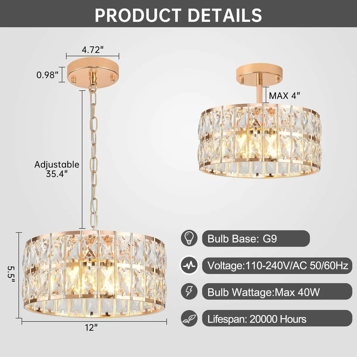 Gold Semi Flush Mount Drum K9 Crystal Chandelier - Image 3