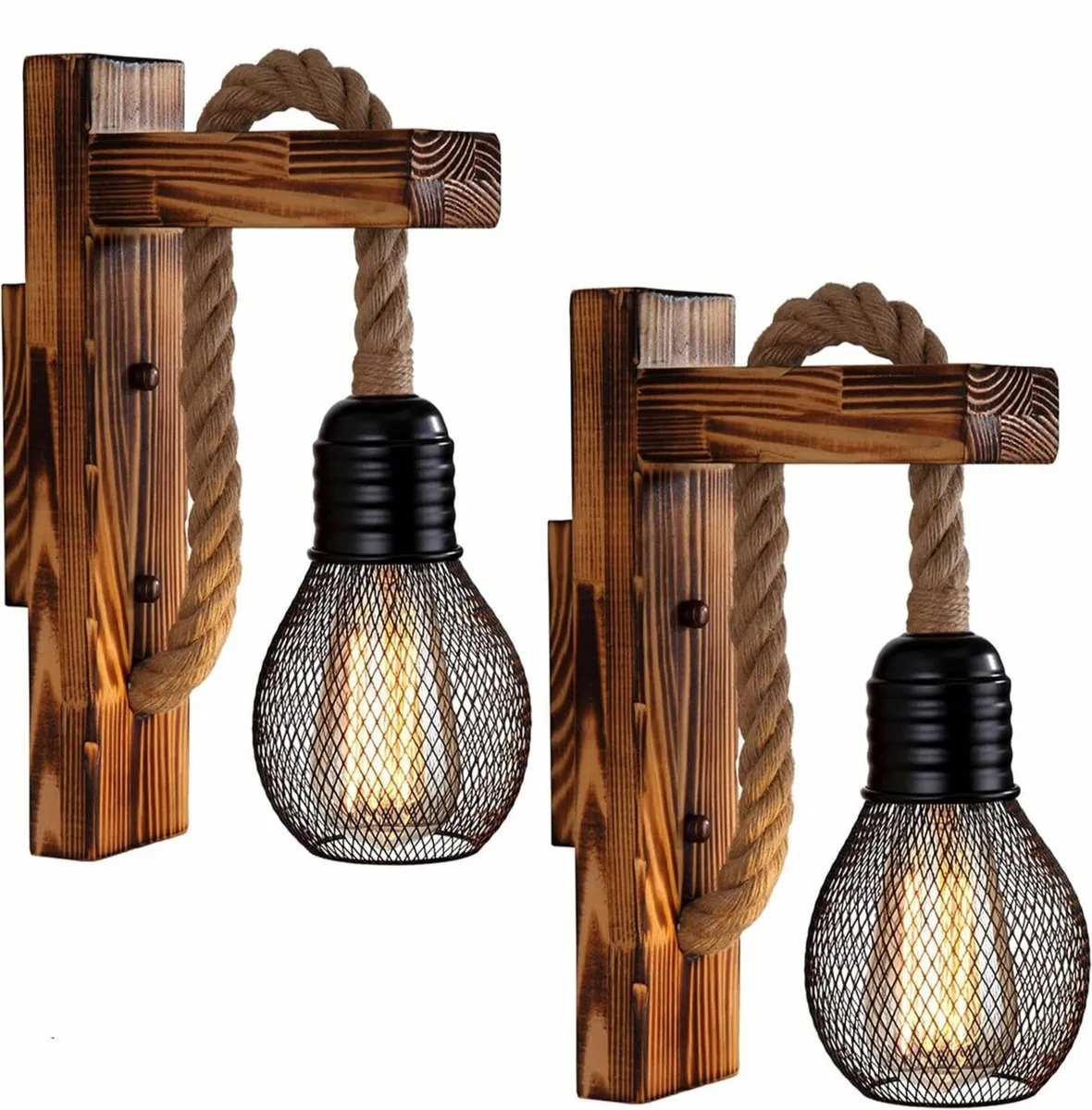 Wooden Wall Light Hemp Rope Industrial Lamp Shade - Image 1