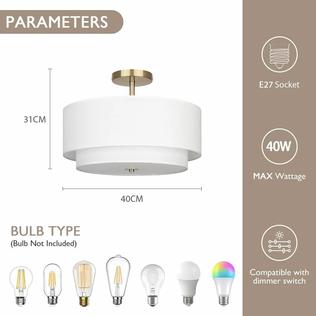 40 cm Dual Drum Gold 3-Light Semi Flush Mount - Image 2