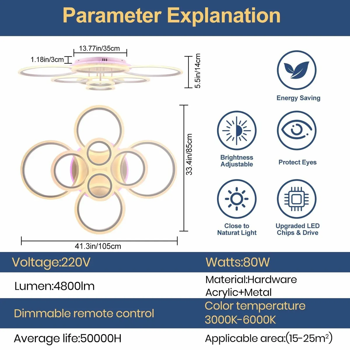 Dimmable Modern Ceiling Lights 80W Led Light with - Image 3