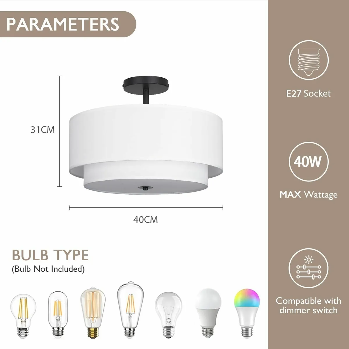 Dual Drum 3-Light Semi Flush Mount Ceiling Light - Image 2