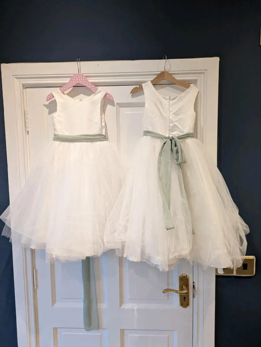 White Flower Girl Dresses with Green Sash - Image 1