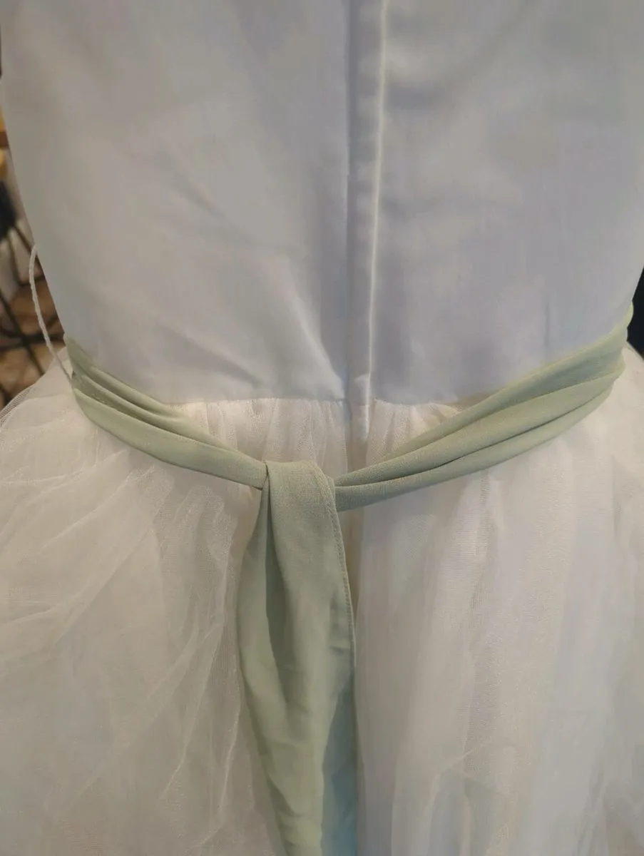 White Flower Girl Dresses with Green Sash - Image 3