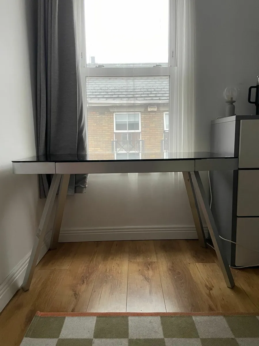Modern black glass-top office desk with metal legs - Image 2