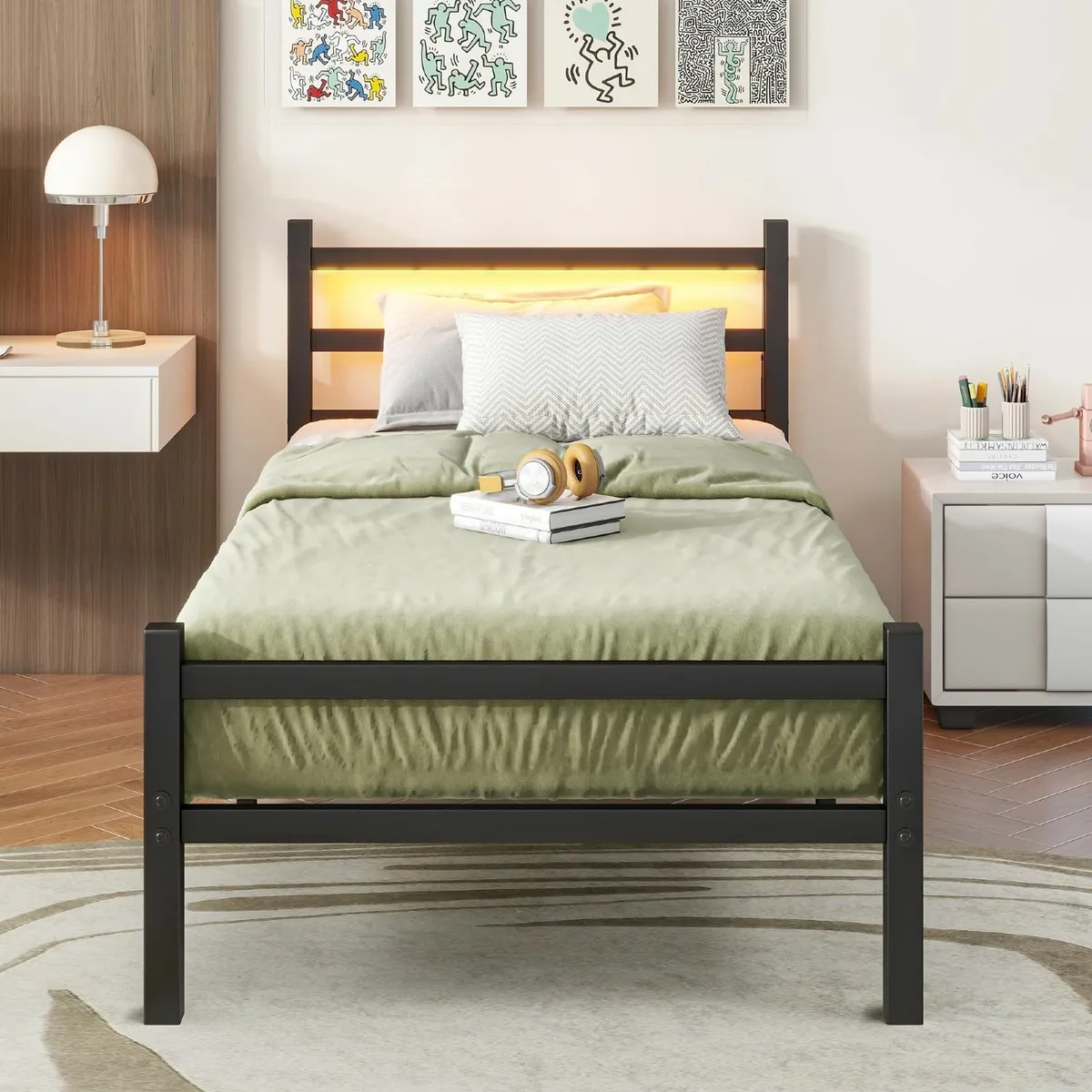 3ft Single Bed Frame Headboard LED Lights 90x190cm - Image 1