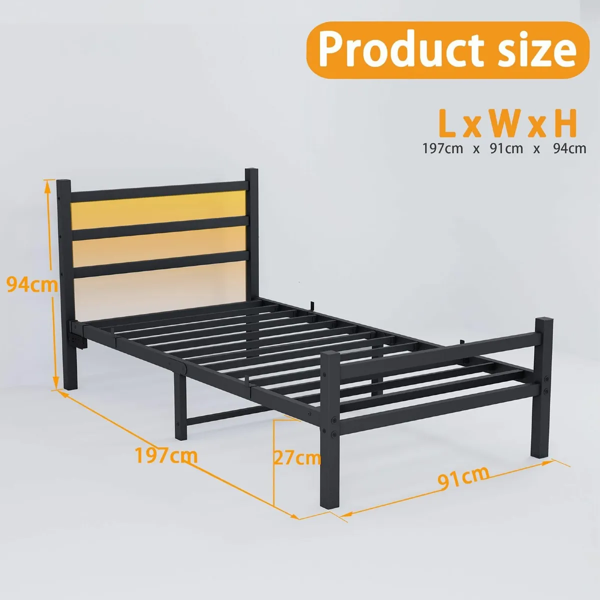 3ft Single Bed Frame Headboard LED Lights 90x190cm - Image 3