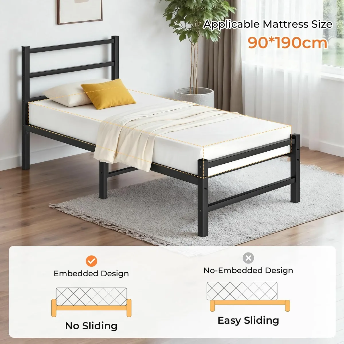 Single Bed Frame, 3ft Slats Support 95x197cm - Image 4