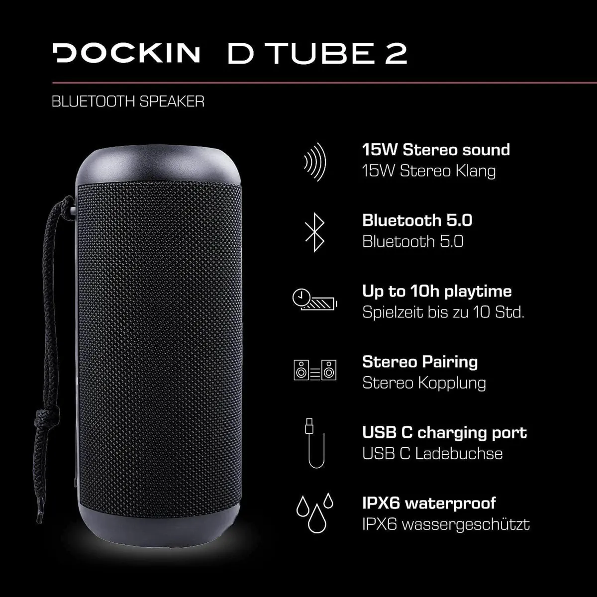 DOCKIN® D Tube 2 Waterproof Bluetooth Speaker - Image 4