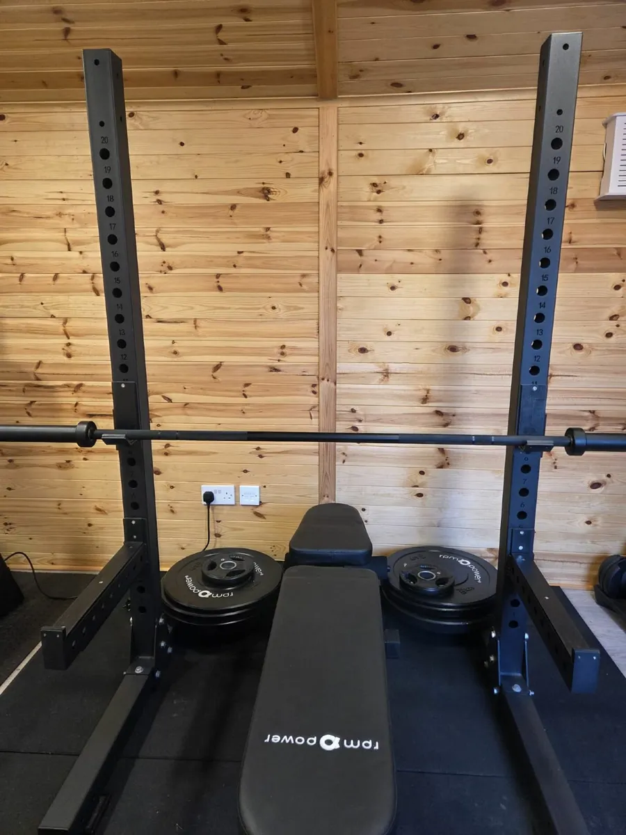 Squat Stand, Bench, Barbell, and weights - Image 1