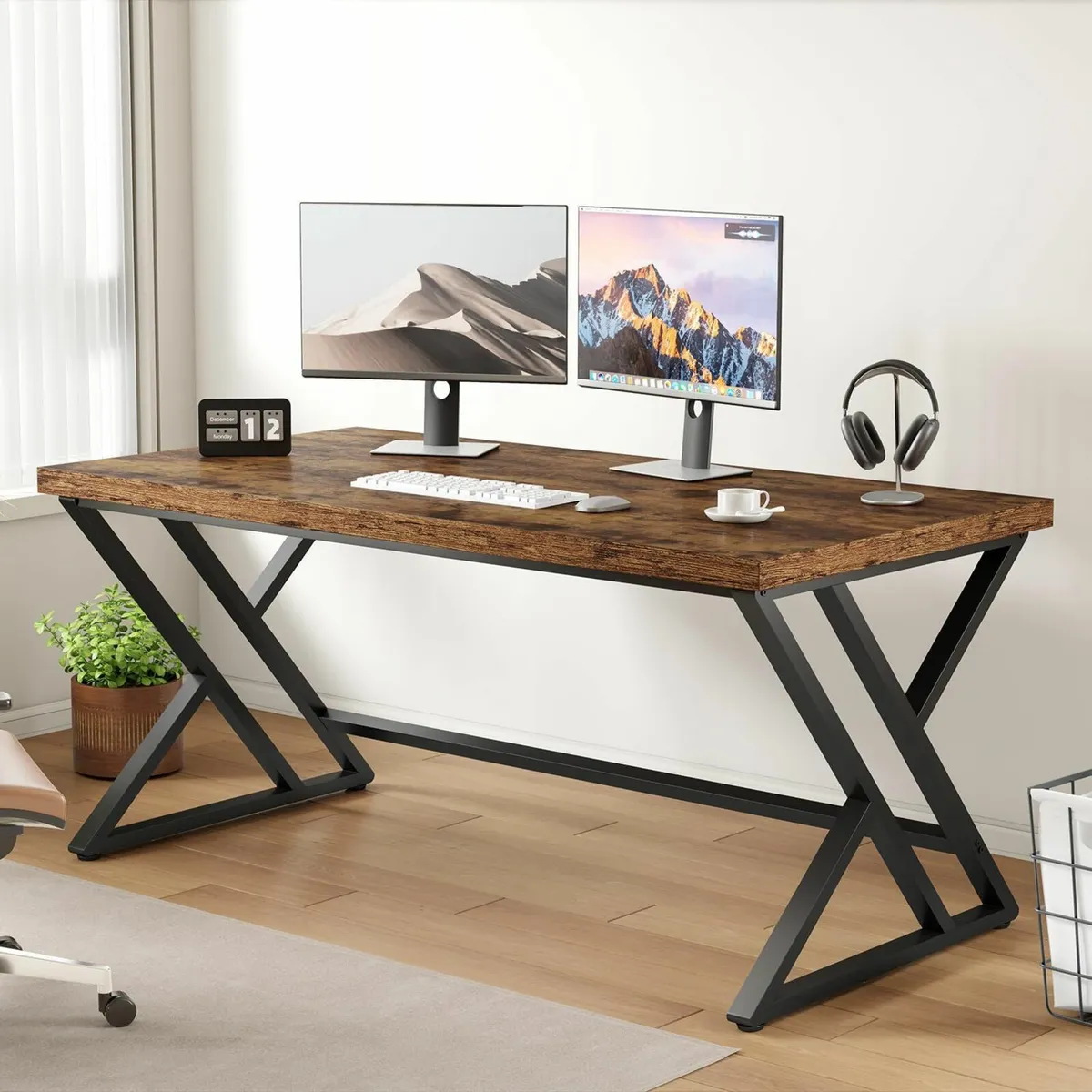 Rustic Computer Desk Metal Wood Home Office - Image 1