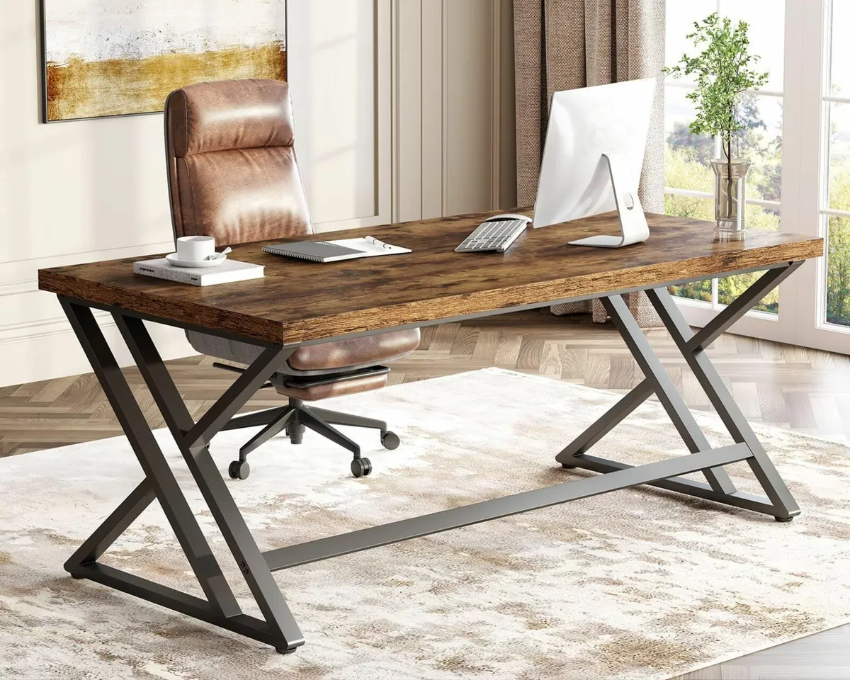 Rustic Computer Desk Metal Wood Home Office - Image 4