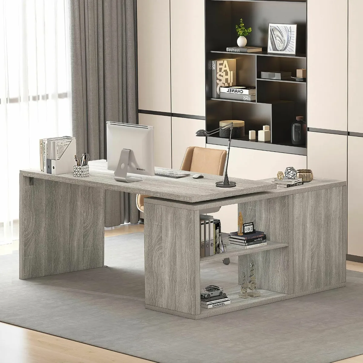 Gray L Shaped Corner Desk with Storage Shelves - Image 1