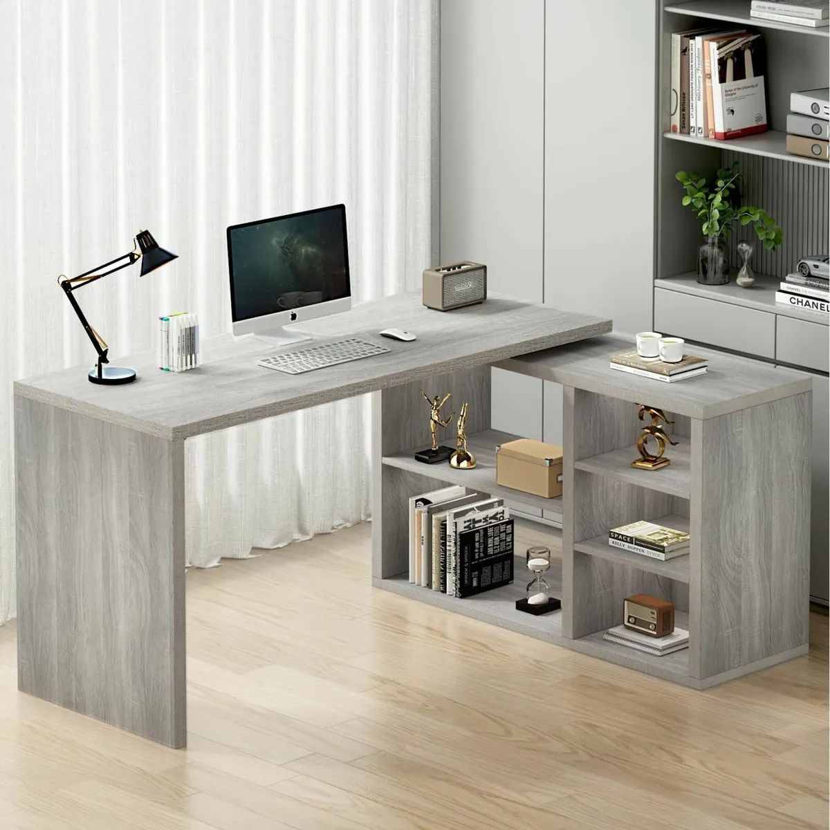 Gray L Shaped Corner Desk with Storage Shelves - Image 3