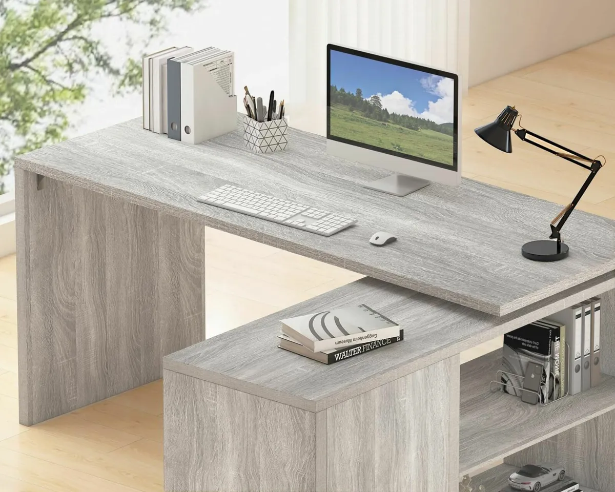 Gray L Shaped Corner Desk with Storage Shelves - Image 4