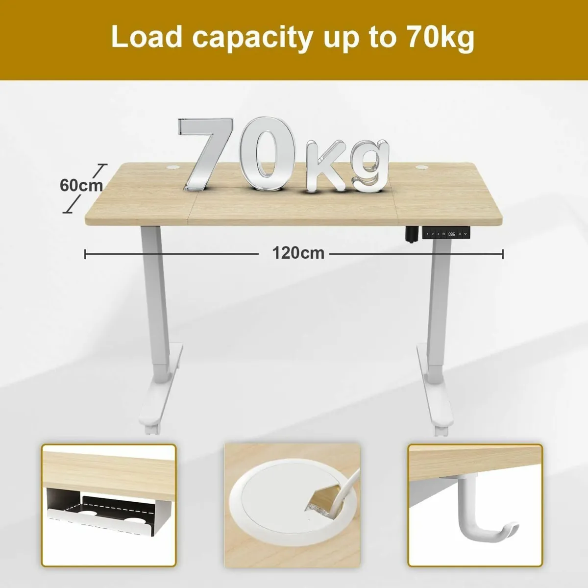 120 x 60cm Electric Standing Desk with USB - Image 2