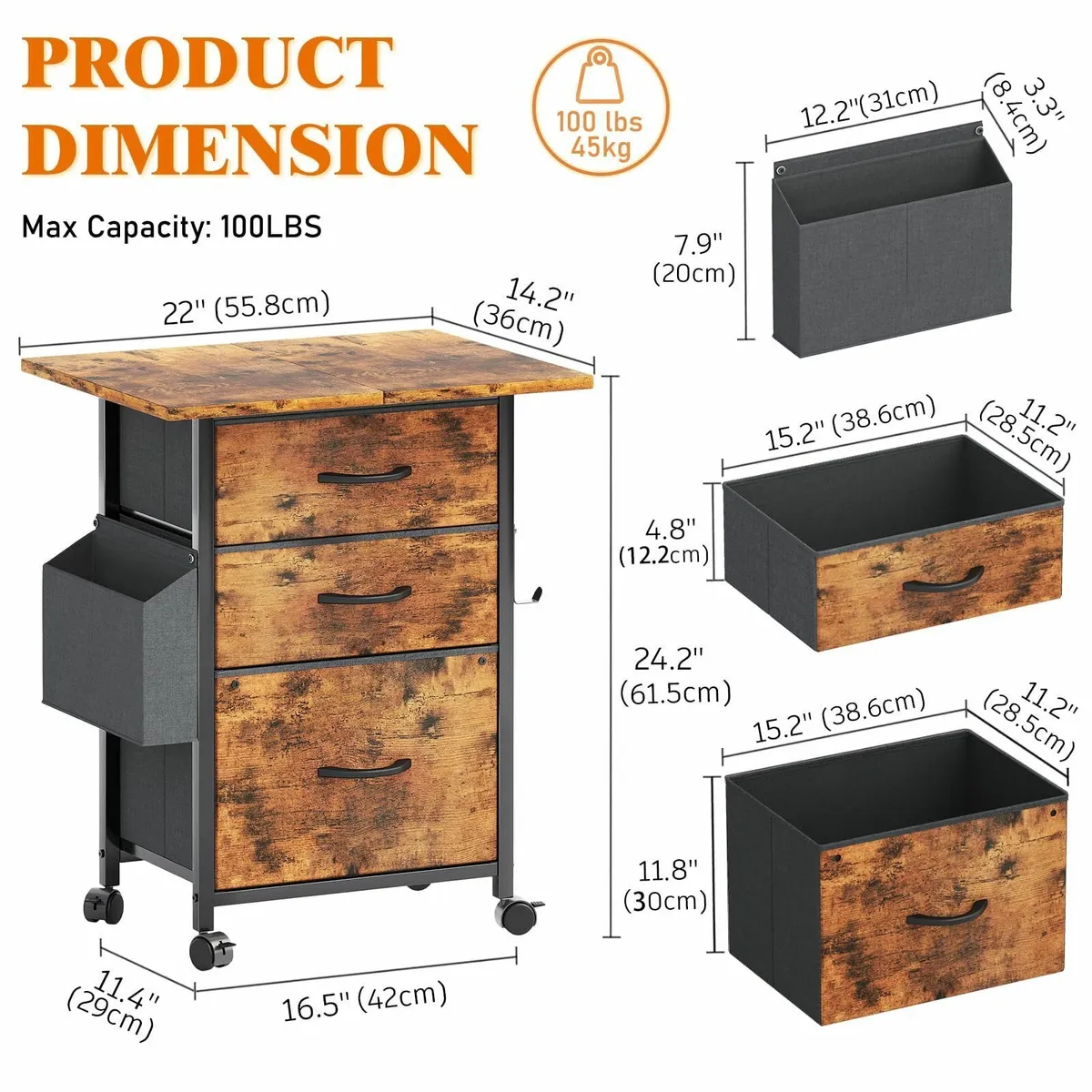 Filing Cabinet with 3 Fabric Drawers Mobile File - Image 3