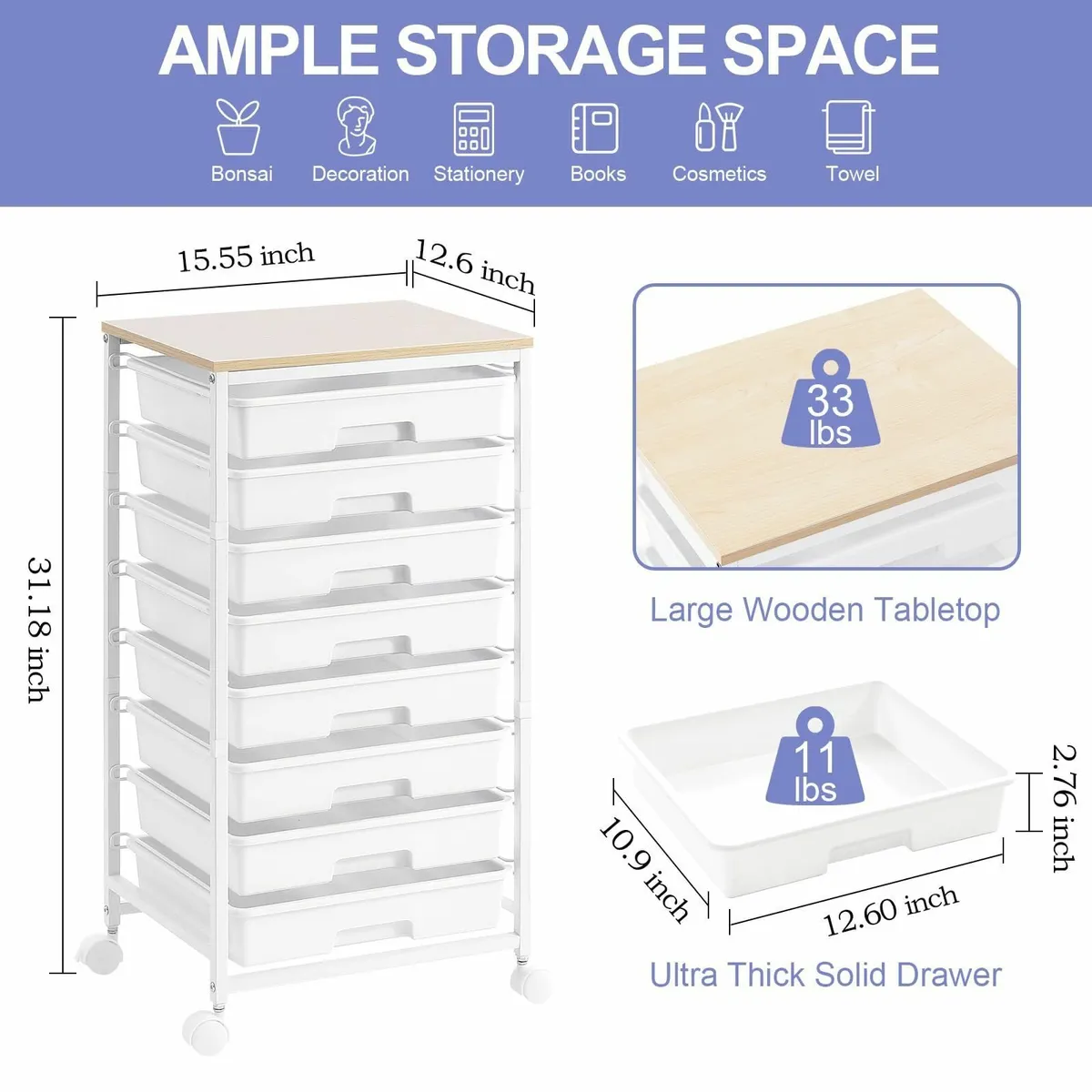 8 Drawers Storage Trolley Utility Cart on - Image 2