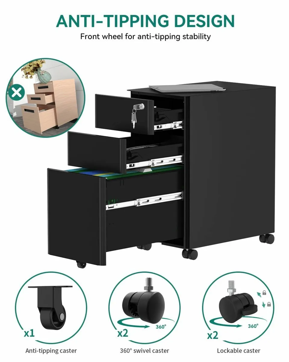 Metal File Cabinet with 3 Lockable Drawers Mobile - Image 4