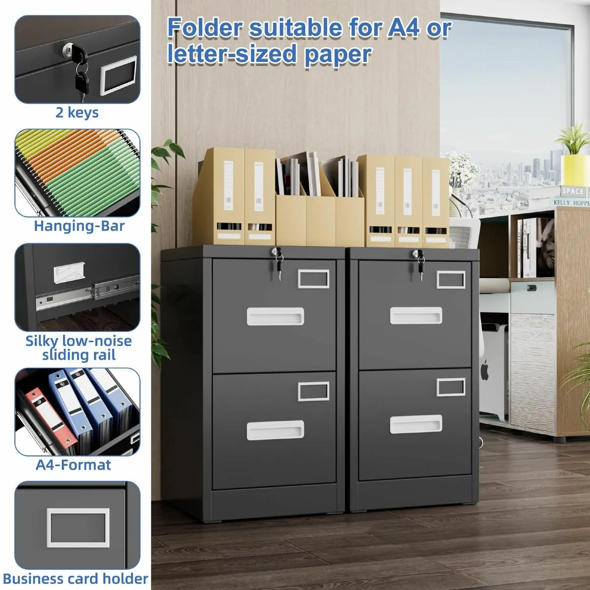 2 Drawers Filing Cabinets Metal Lockable Vertical - Image 4