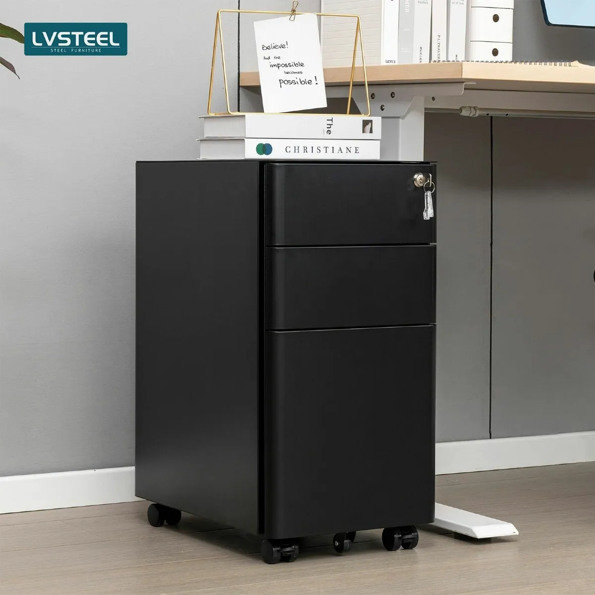 Lockable 3-Drawer Metal Filing Cabinet on Wheels - Image 2