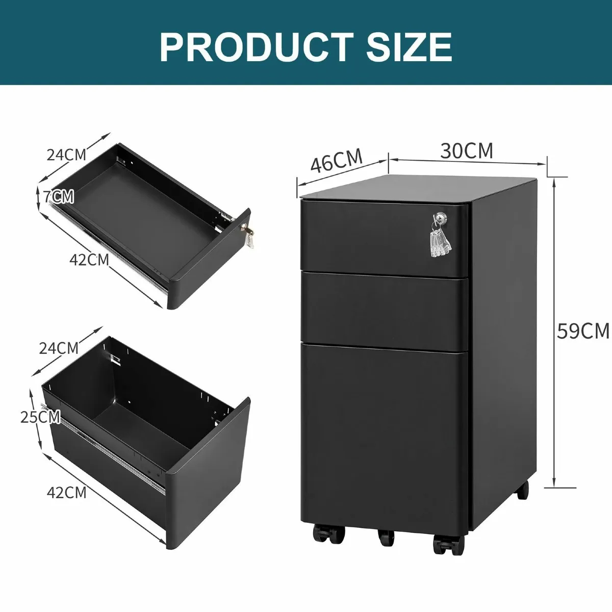 Lockable 3-Drawer Metal Filing Cabinet on Wheels - Image 3
