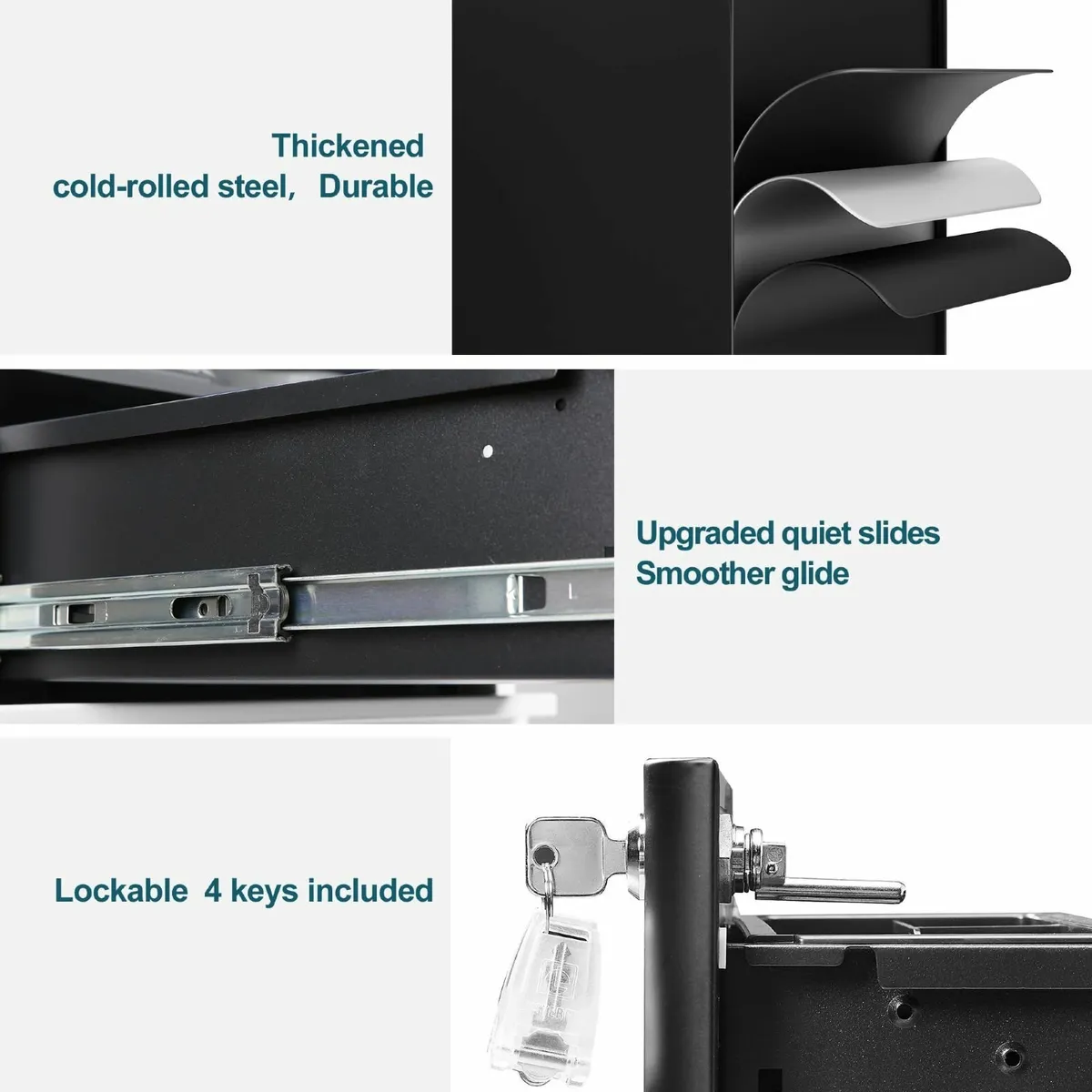 Lockable 3-Drawer Metal Filing Cabinet on Wheels - Image 4