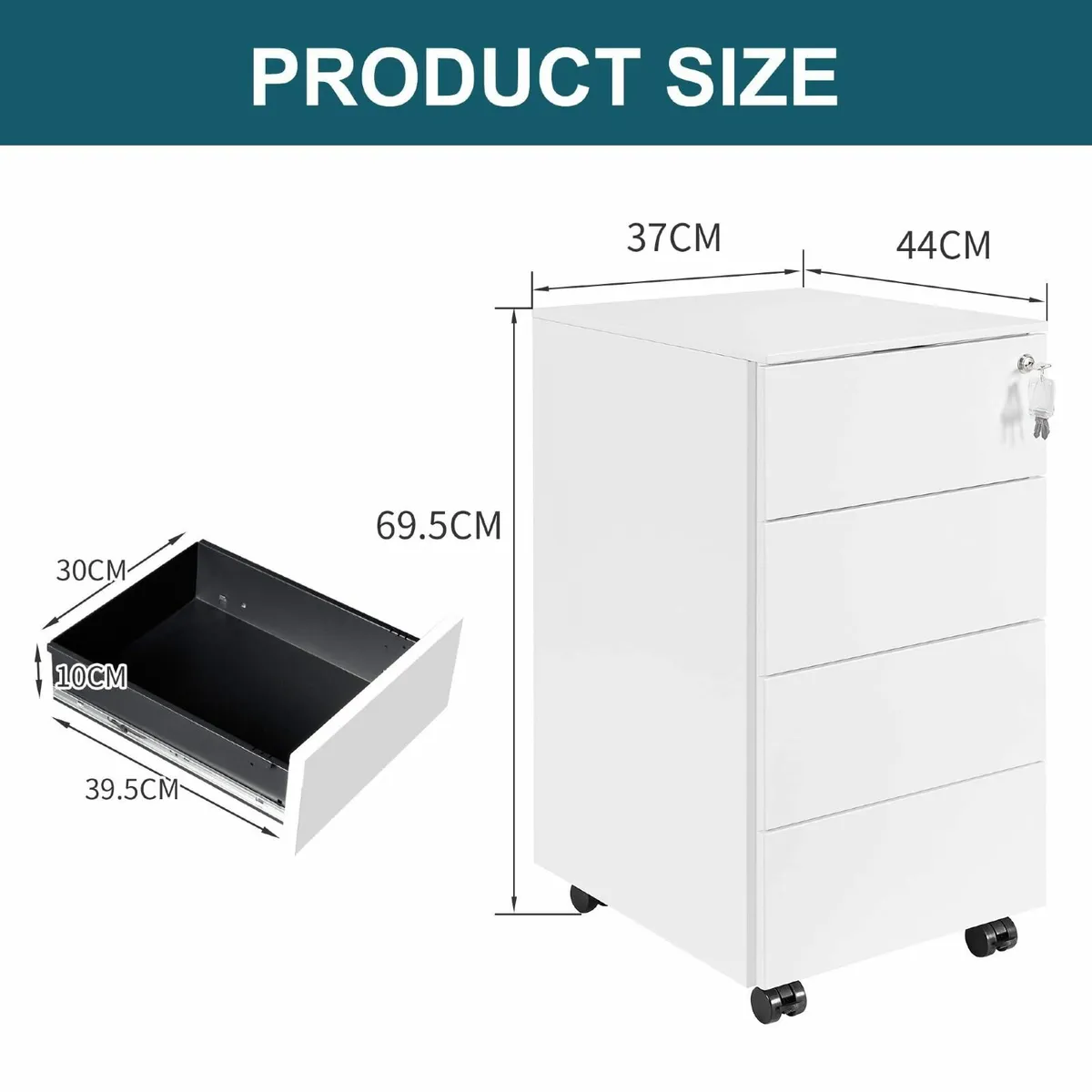 4-Drawer Mobile Filing Cabinet with Lock Steel - Image 3