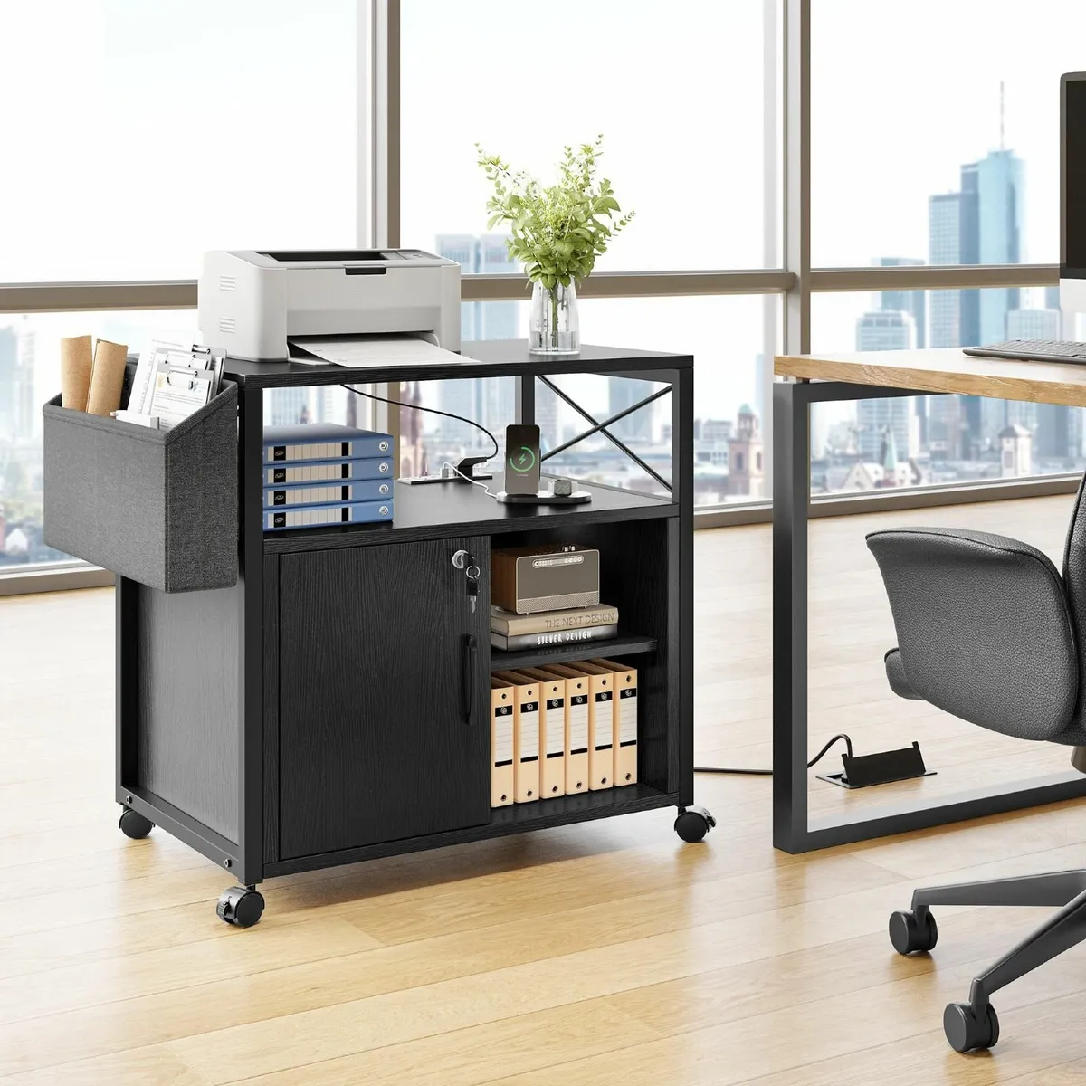 Wooden Printer Stand With Power Outlets Industrial - Image 2