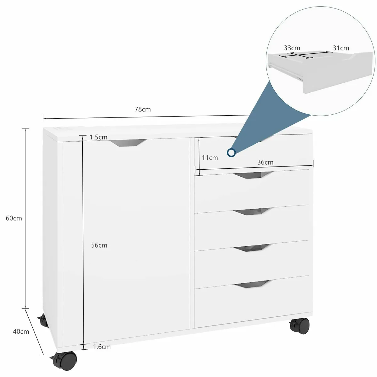 5 Drawer Mobile Filing Cabinet With Door Wooden - Image 2