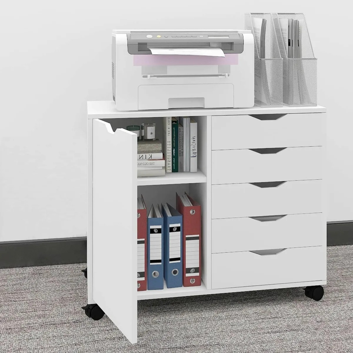 5 Drawer Mobile Filing Cabinet With Door Wooden - Image 1