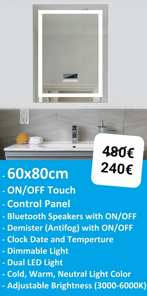 LED Bathroom Mirror Bluetooth Speakers Fog Free - Image 1