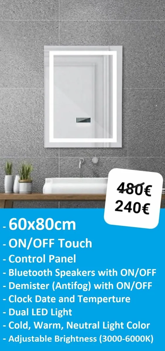 LED Bathroom Mirror 60x80cm Speakers Defogger - Image 2