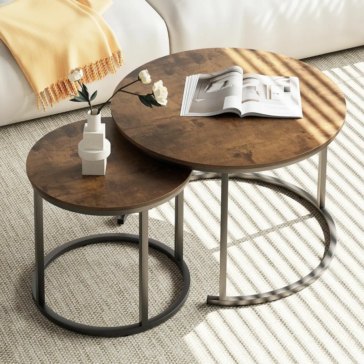 Round Coffee Tables Set of 2 End Table Nesting - Image 2