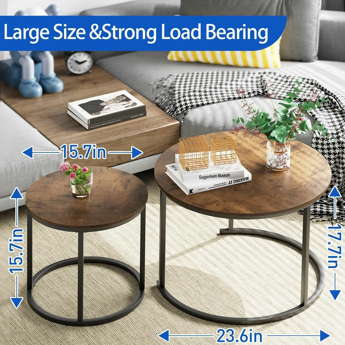 Round Coffee Tables Set of 2 End Table Nesting - Image 3