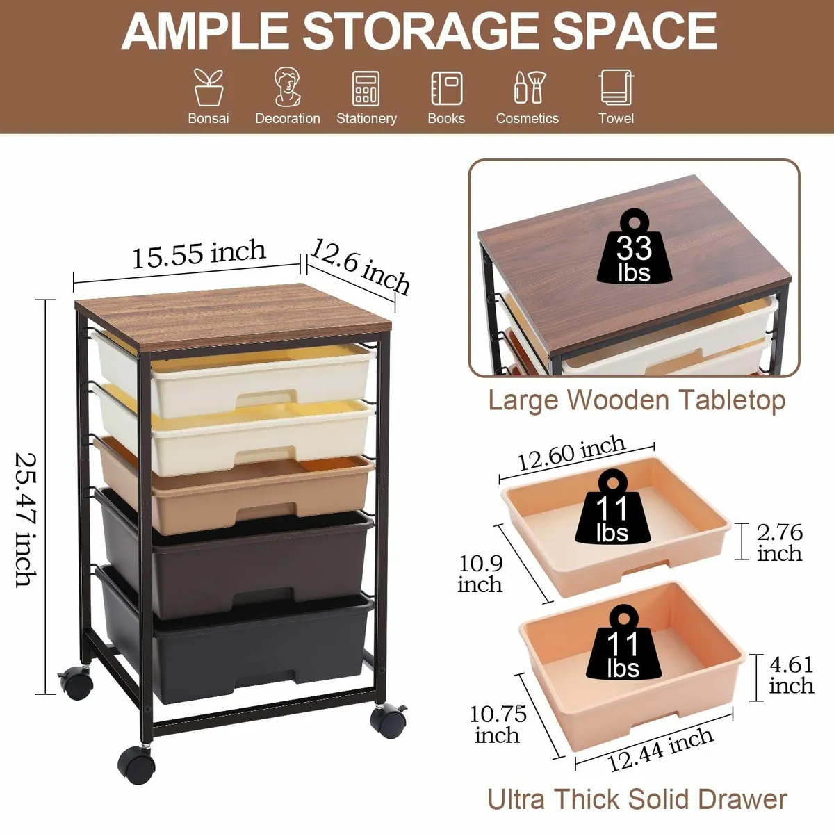 Storage Trolley with 5 Plastic Drawers Rolling - Image 3