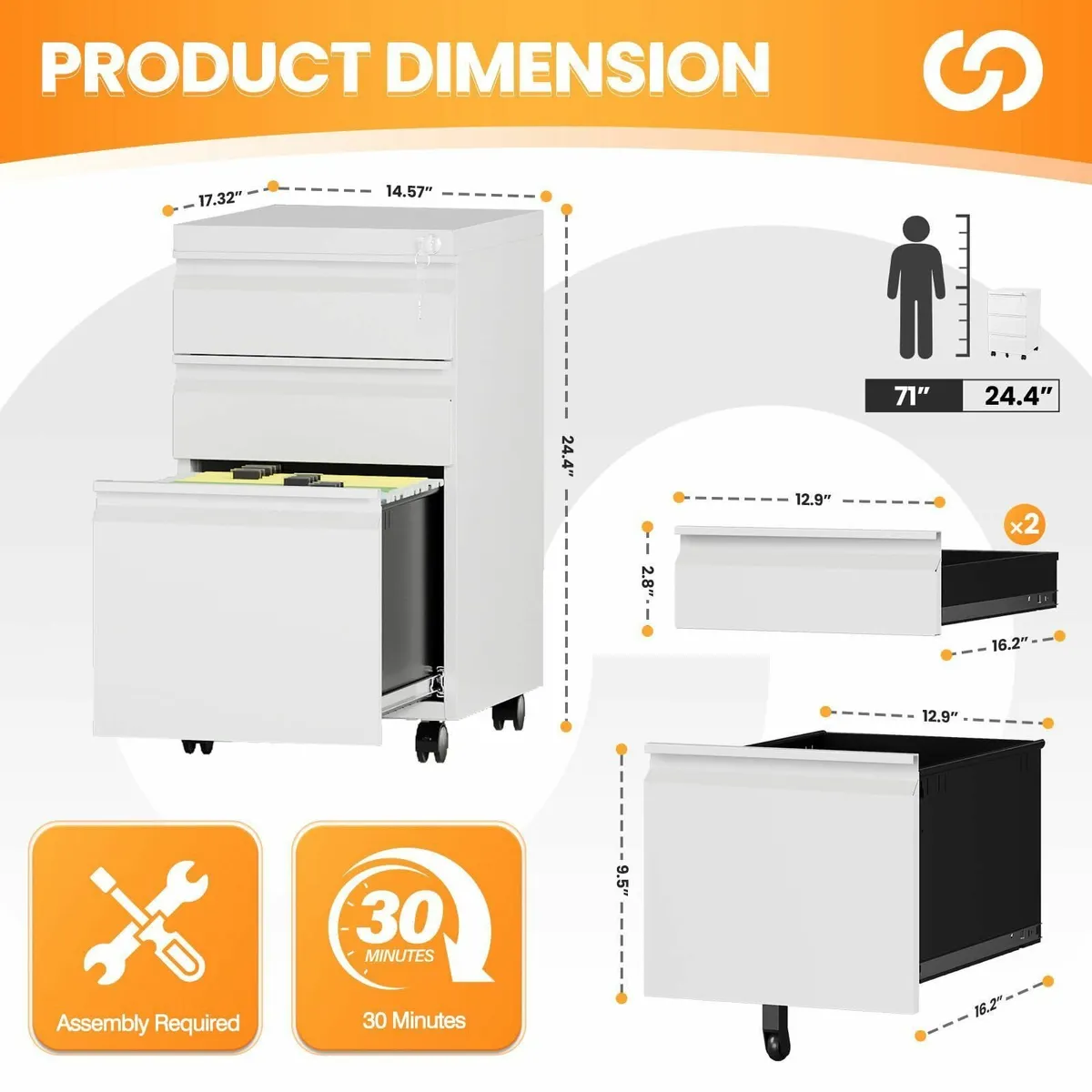 3 Drawer Mobile File Cabinet with Lock Rolling - Image 3