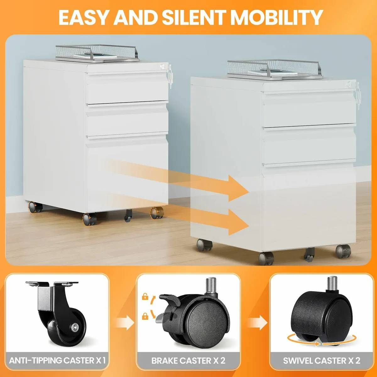3 Drawer Mobile File Cabinet with Lock Rolling - Image 4
