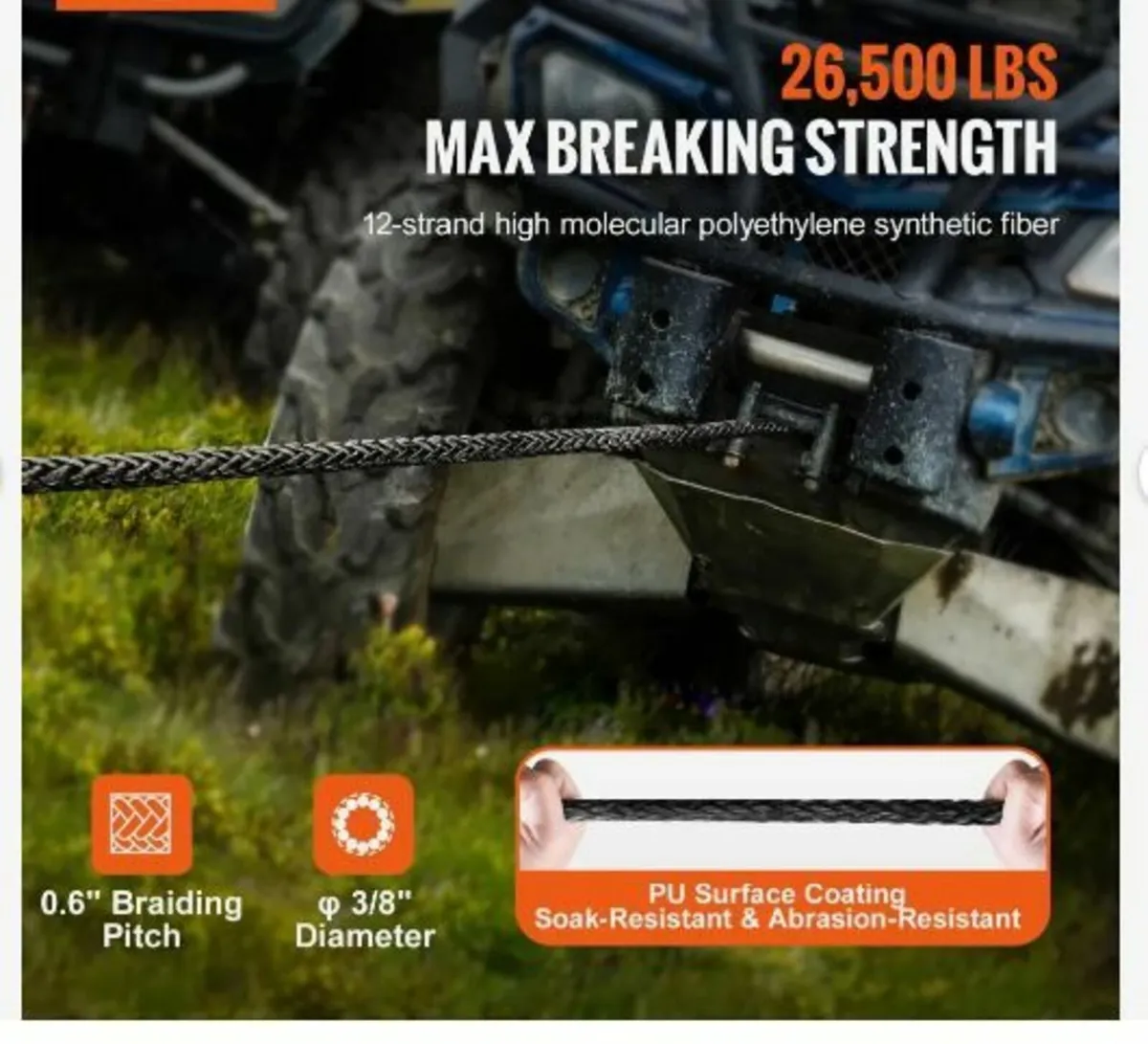 Synthetic Winch Rope, 9.5 mm x 30.48 m 12,020 kg - Image 3