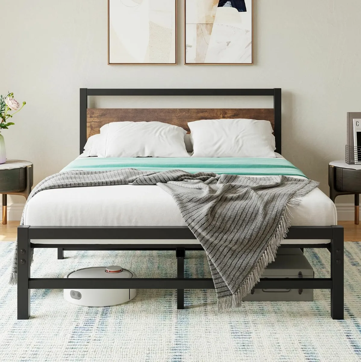 Double Bed Frame with Wooden Headboard 4ft6 Metal - Image 1