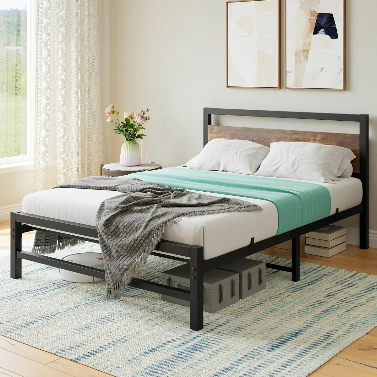 Double Bed Frame with Wooden Headboard 4ft6 Metal - Image 3