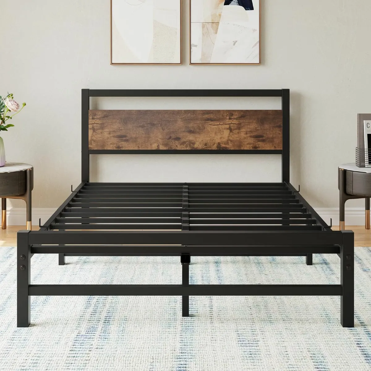 Double Bed Frame with Wooden Headboard 4ft6 Metal - Image 4