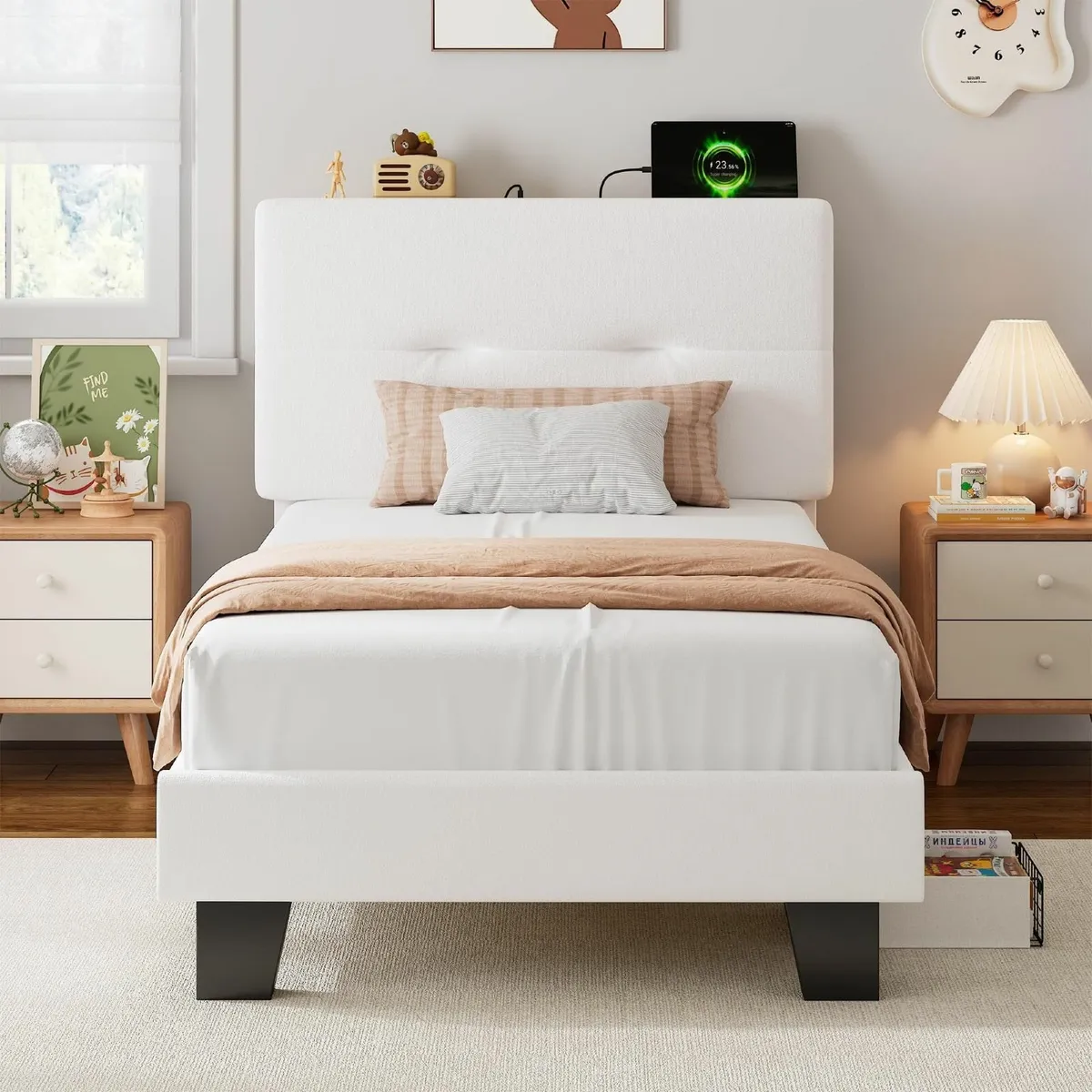 Single Bed Frame with Charging Station Velvet - Image 1