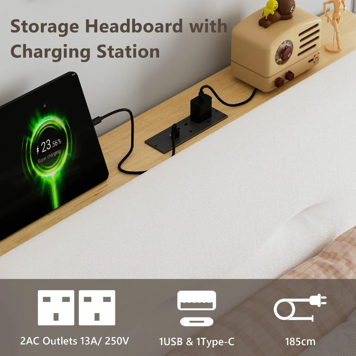 Single Bed Frame with Charging Station Velvet - Image 3