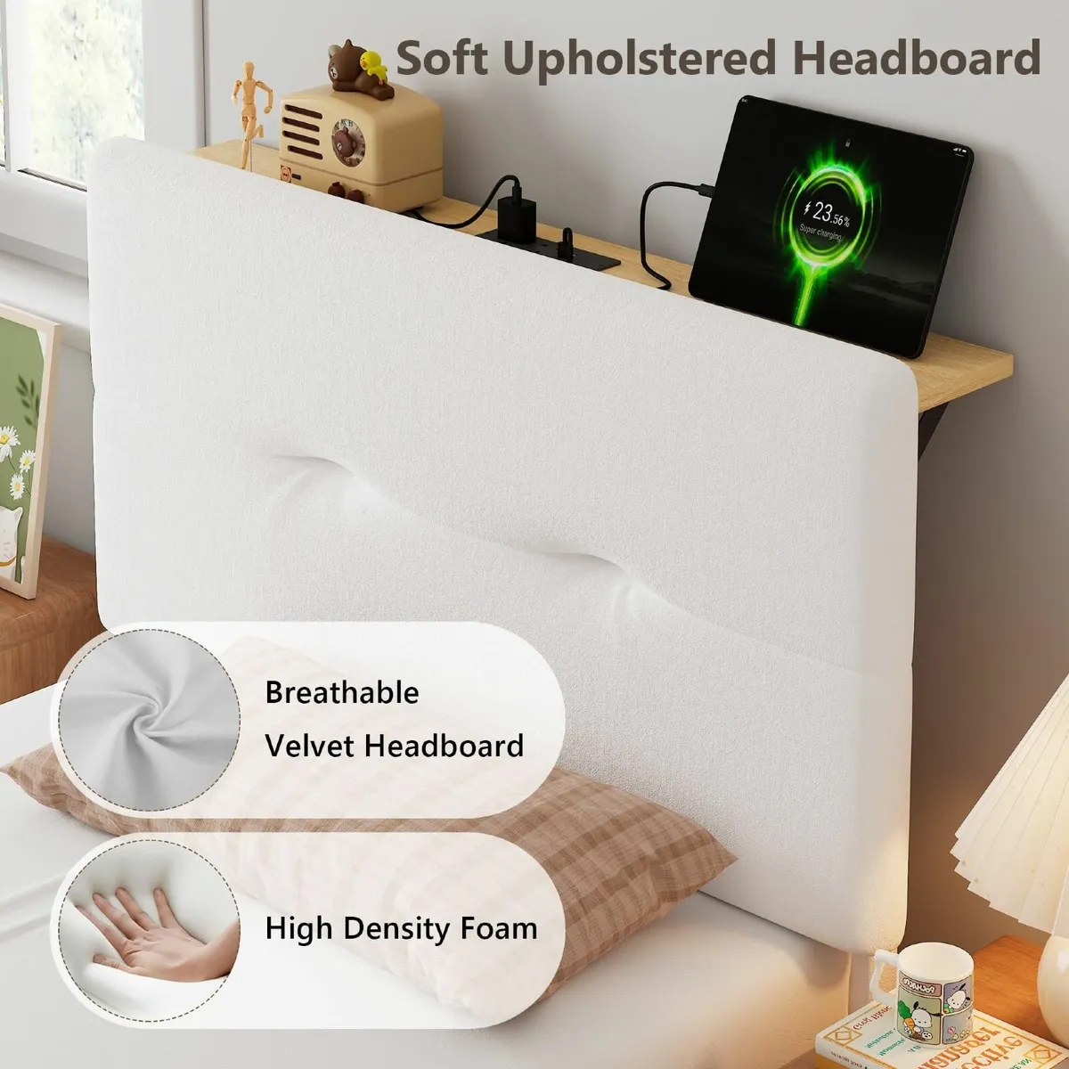 Single Bed Frame with Charging Station Velvet - Image 4