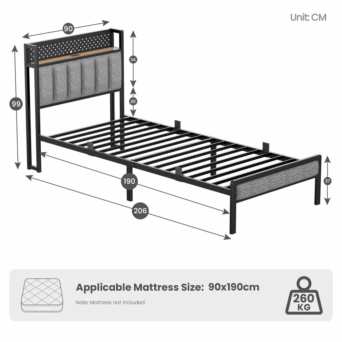 Single Bed Frame 90x190 cm with LED Lights and - Image 2