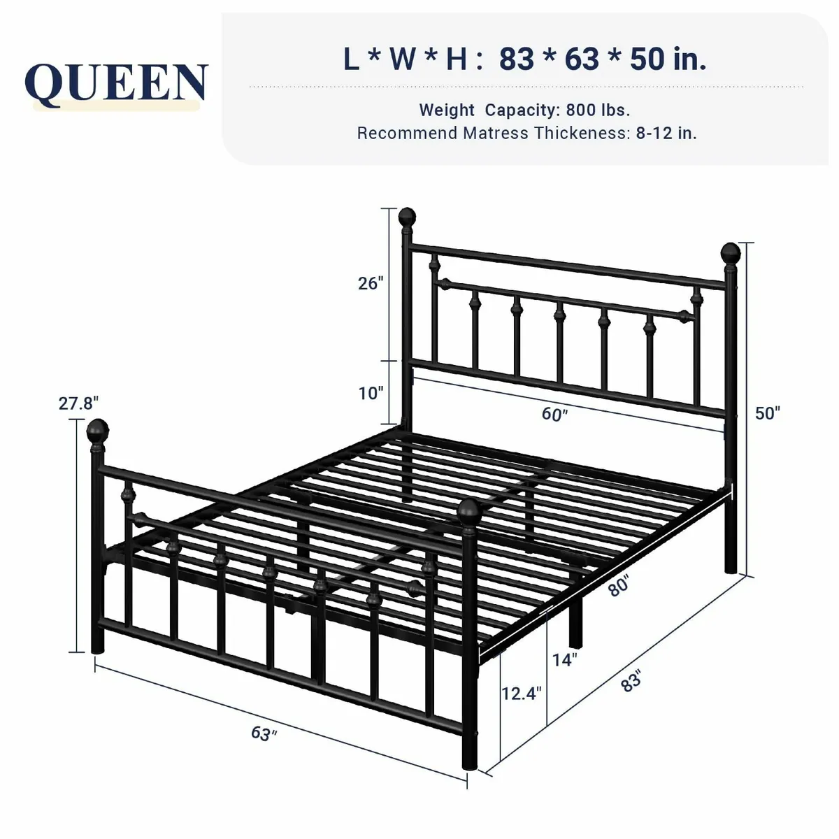14 Inch Queen Size Metal Platform Bed Frame with - Image 2