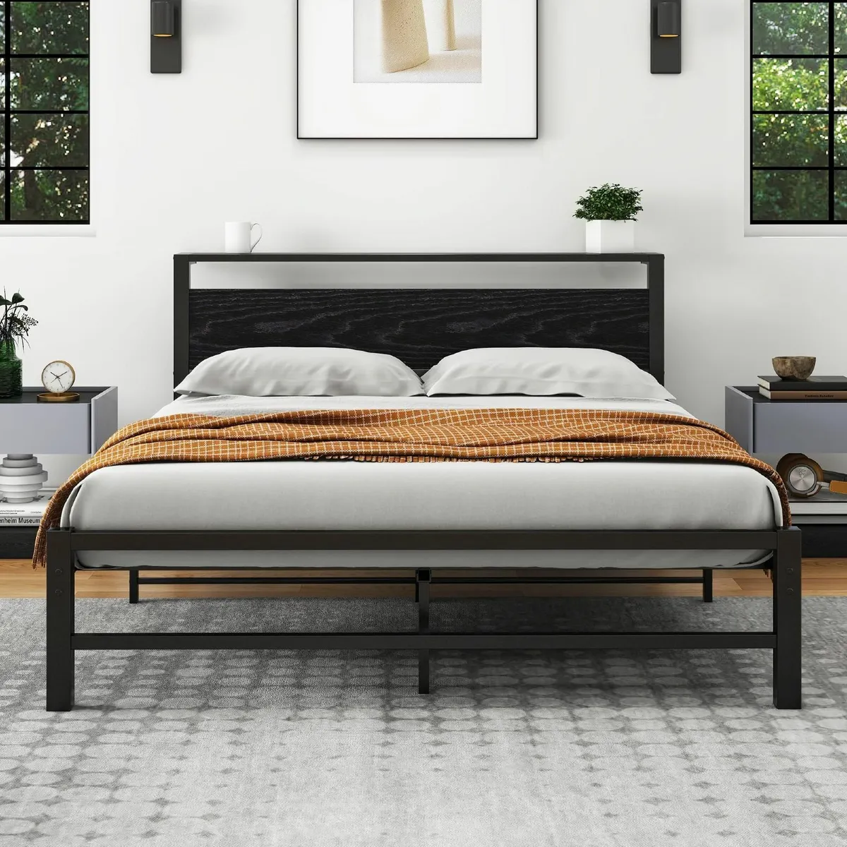 5ft King Metal Platform Bed Frame with Wooden - Image 1