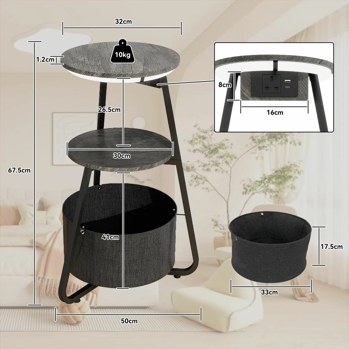 Side Table with Charging Station Small Round - Image 3