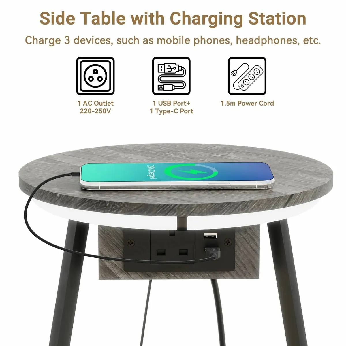 Side Table with Charging Station Small Round - Image 4
