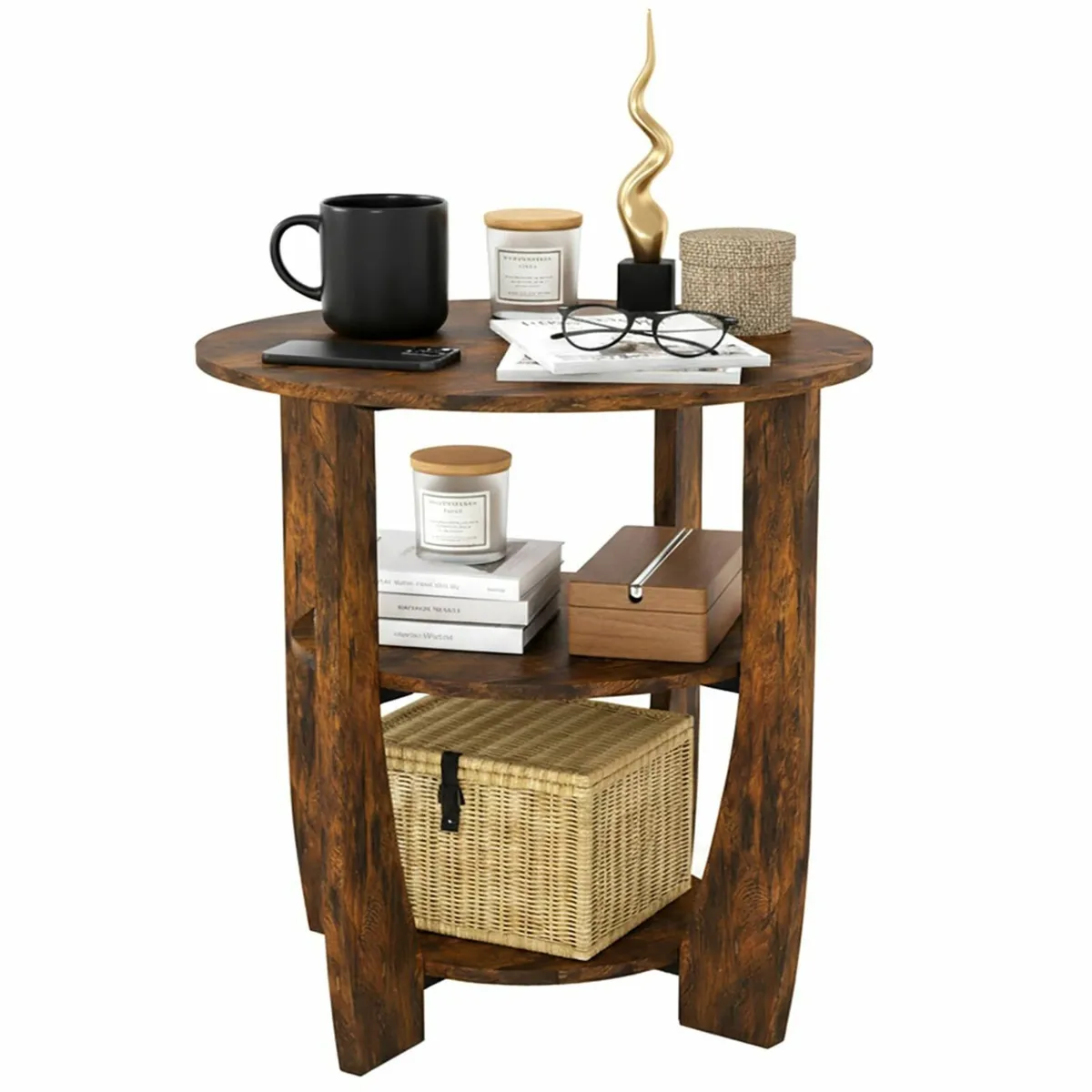 3 Tier Round Side Table Farmhouse Wood End Tables - Image 1